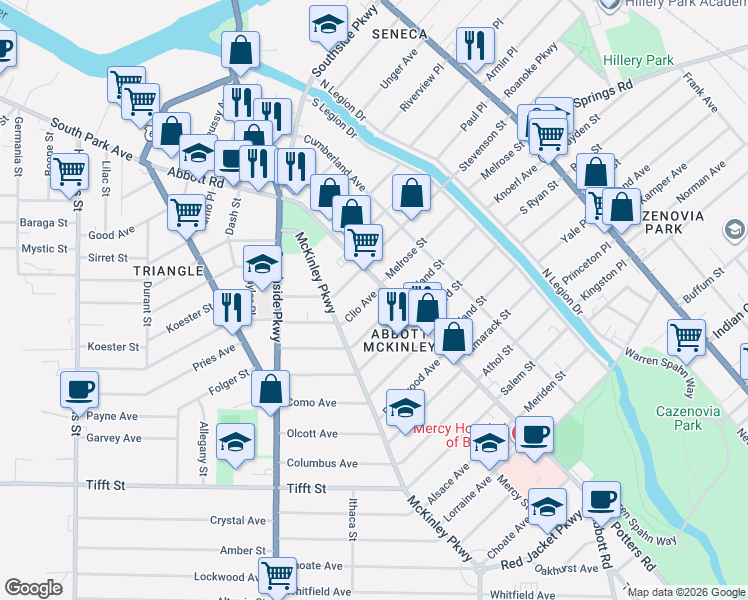 map of restaurants, bars, coffee shops, grocery stores, and more near 45 Clio Avenue in Buffalo