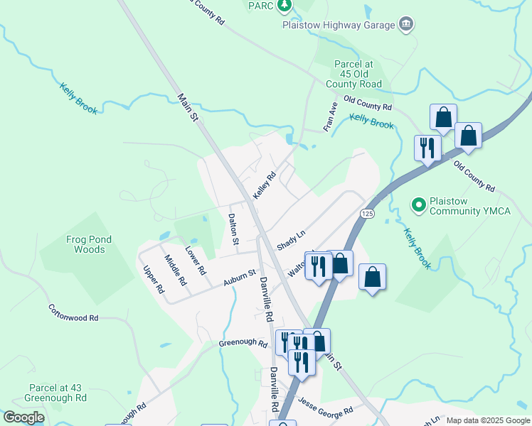 map of restaurants, bars, coffee shops, grocery stores, and more near 3 Kelley Road in Plaistow