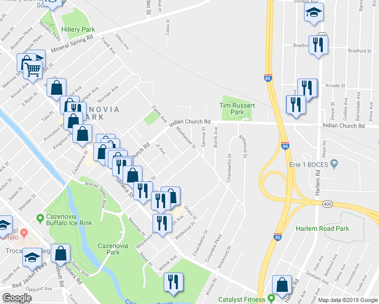 map of restaurants, bars, coffee shops, grocery stores, and more near 163 Duerstein Street in Buffalo