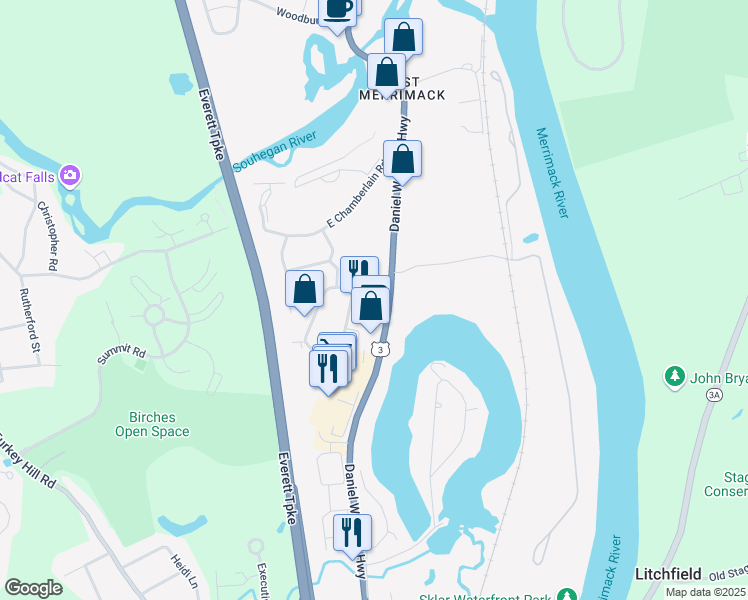 map of restaurants, bars, coffee shops, grocery stores, and more near 382 Daniel Webster Highway in Merrimack