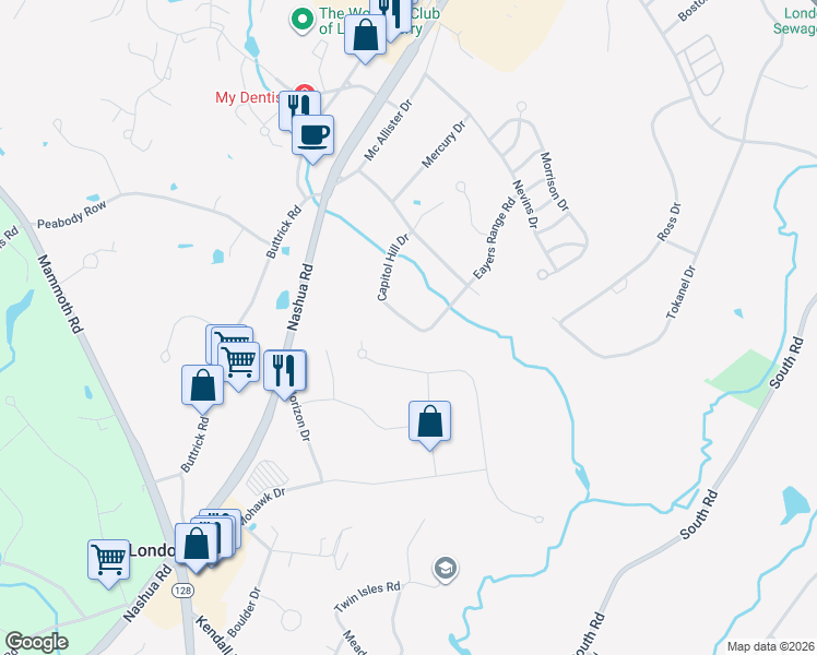 map of restaurants, bars, coffee shops, grocery stores, and more near 109 Capitol Hill Drive in Londonderry