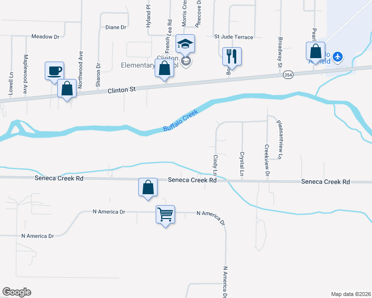 map of restaurants, bars, coffee shops, grocery stores, and more near 604 Seneca Creek Road in Buffalo
