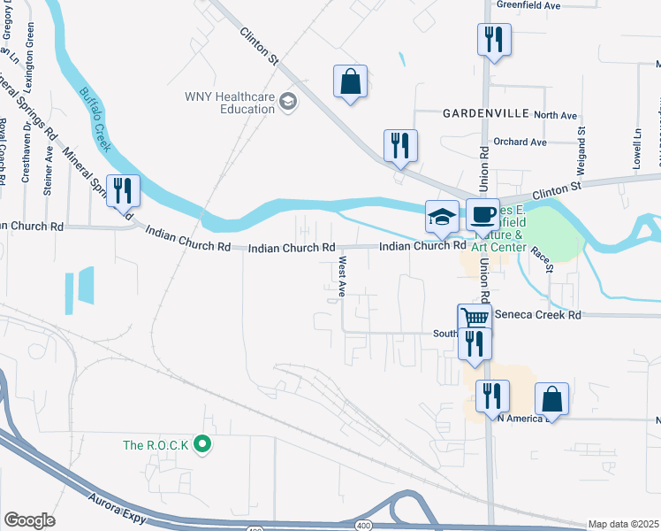 map of restaurants, bars, coffee shops, grocery stores, and more near 1178 Indian Church Road in Buffalo