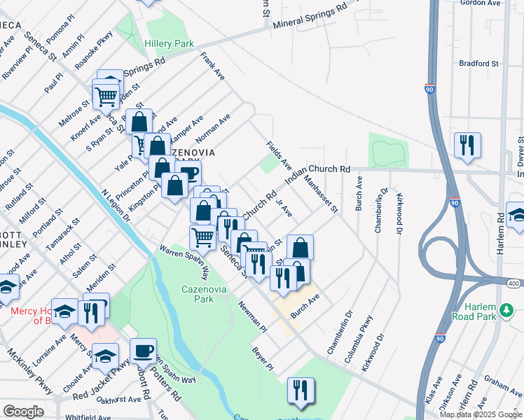 map of restaurants, bars, coffee shops, grocery stores, and more near 100 Indian Church Road in Buffalo