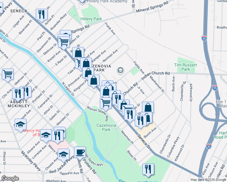 map of restaurants, bars, coffee shops, grocery stores, and more near 42 Buffum Street in Buffalo