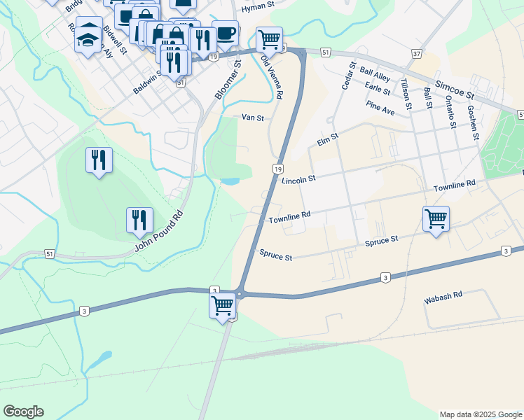 map of restaurants, bars, coffee shops, grocery stores, and more near 51 Vienna Road in Tillsonburg