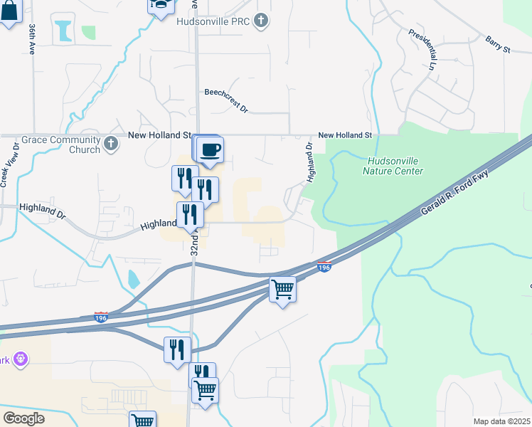 map of restaurants, bars, coffee shops, grocery stores, and more near 3067 Highland Drive in Hudsonville