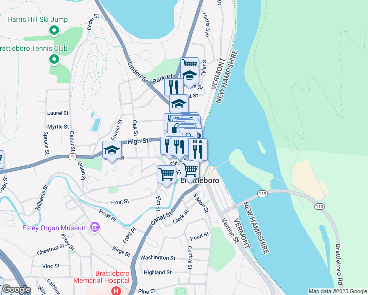 map of restaurants, bars, coffee shops, grocery stores, and more near 29 High Street in Brattleboro