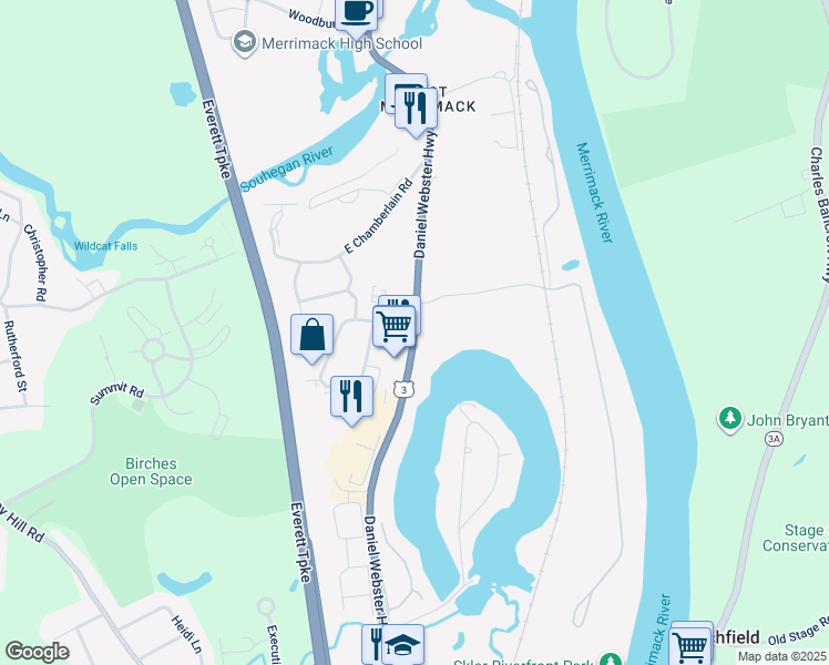 map of restaurants, bars, coffee shops, grocery stores, and more near U.S. 3 in Merrimack