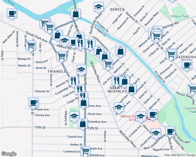map of restaurants, bars, coffee shops, grocery stores, and more near McKinley Parkway & Lakewood Avenue in Buffalo