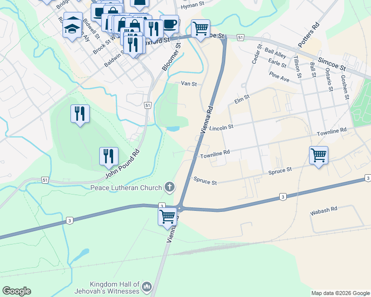 map of restaurants, bars, coffee shops, grocery stores, and more near 61 Vienna Road in Tillsonburg