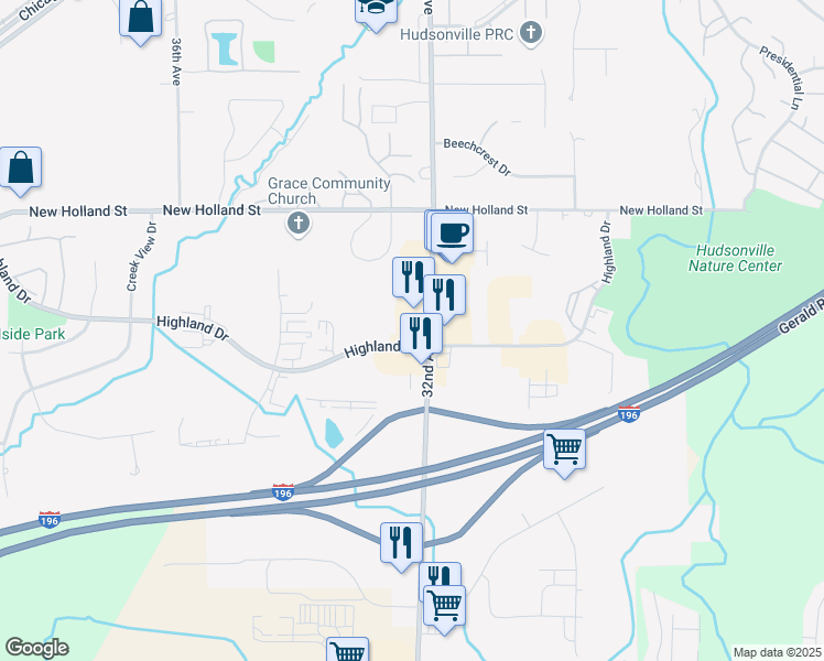 map of restaurants, bars, coffee shops, grocery stores, and more near 4595 32nd Avenue in Hudsonville