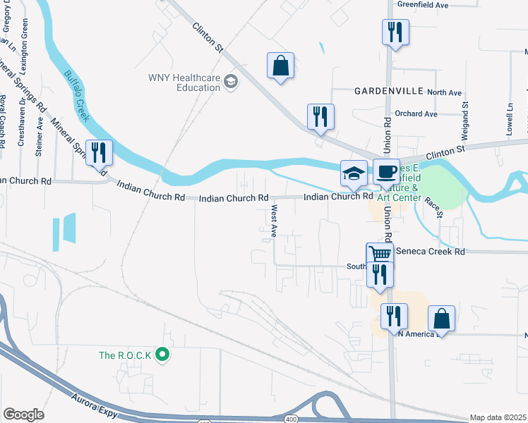map of restaurants, bars, coffee shops, grocery stores, and more near 1178 Indian Church Road in Buffalo