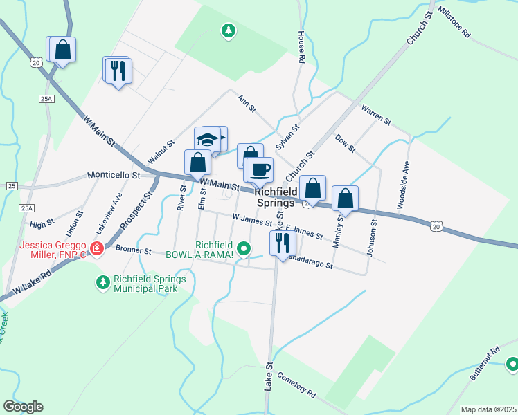 map of restaurants, bars, coffee shops, grocery stores, and more near Taylor Avenue in Richfield Springs