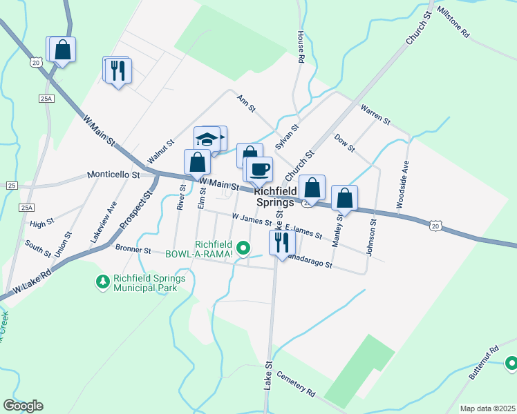 map of restaurants, bars, coffee shops, grocery stores, and more near Taylor Avenue in Richfield Springs