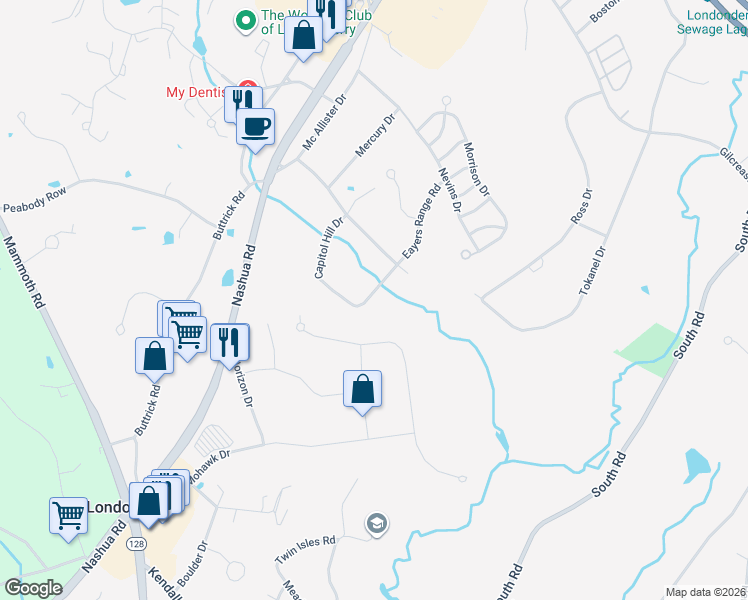 map of restaurants, bars, coffee shops, grocery stores, and more near 165 Capitol Hill Drive in Londonderry