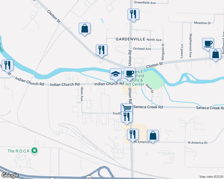 map of restaurants, bars, coffee shops, grocery stores, and more near 1307 Indian Church Road in Buffalo