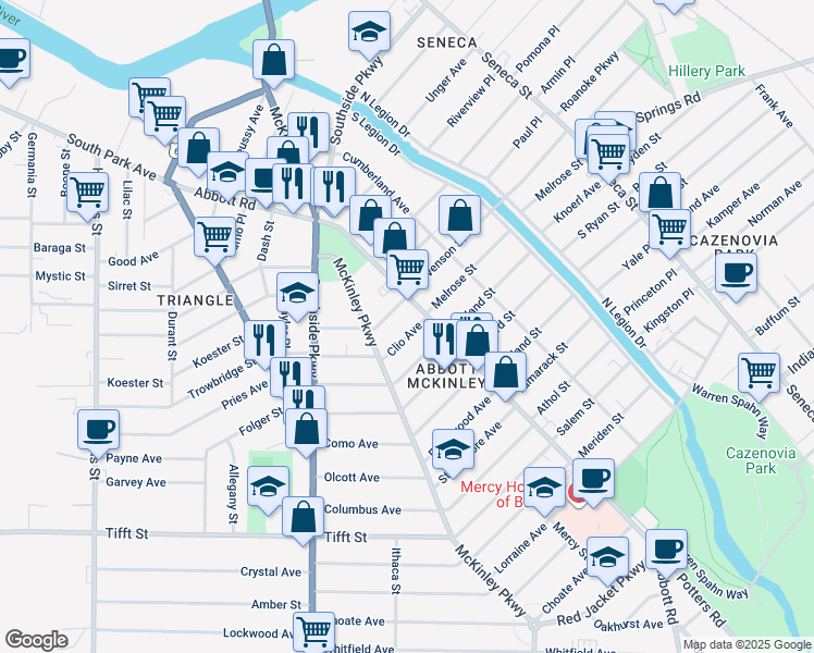 map of restaurants, bars, coffee shops, grocery stores, and more near 90 Lakewood Avenue in Buffalo