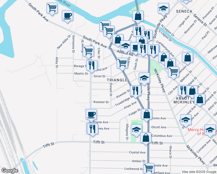 map of restaurants, bars, coffee shops, grocery stores, and more near 72 Spaulding Street in Buffalo
