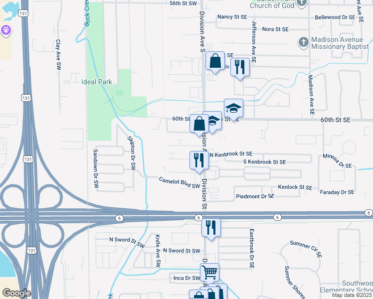 map of restaurants, bars, coffee shops, grocery stores, and more near 65 Hyacinth Street Southwest in Grand Rapids