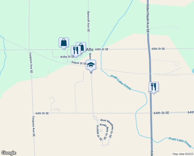 map of restaurants, bars, coffee shops, grocery stores, and more near 6150 Bancroft Avenue Southeast in Alto