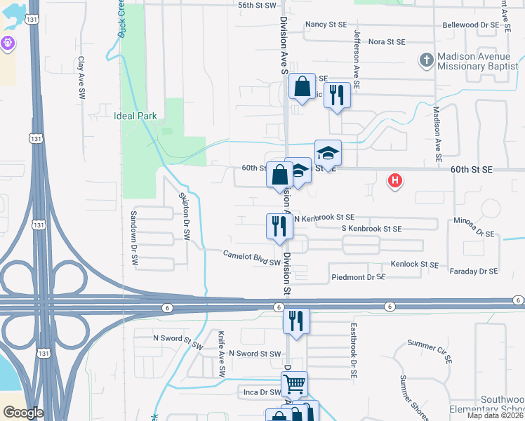 map of restaurants, bars, coffee shops, grocery stores, and more near 65 Hyacinth Street Southwest in Grand Rapids