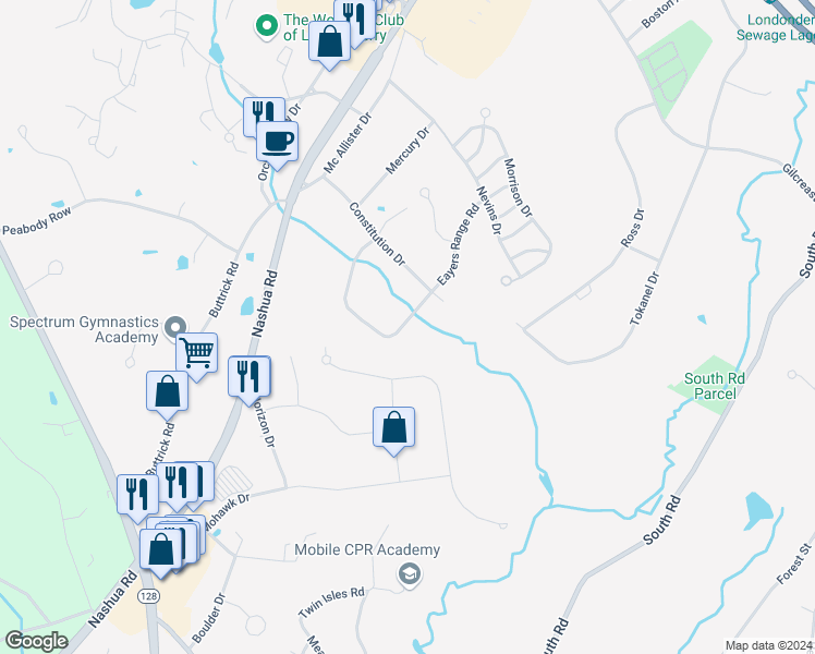 map of restaurants, bars, coffee shops, grocery stores, and more near 150 Capitol Hill Drive in Londonderry