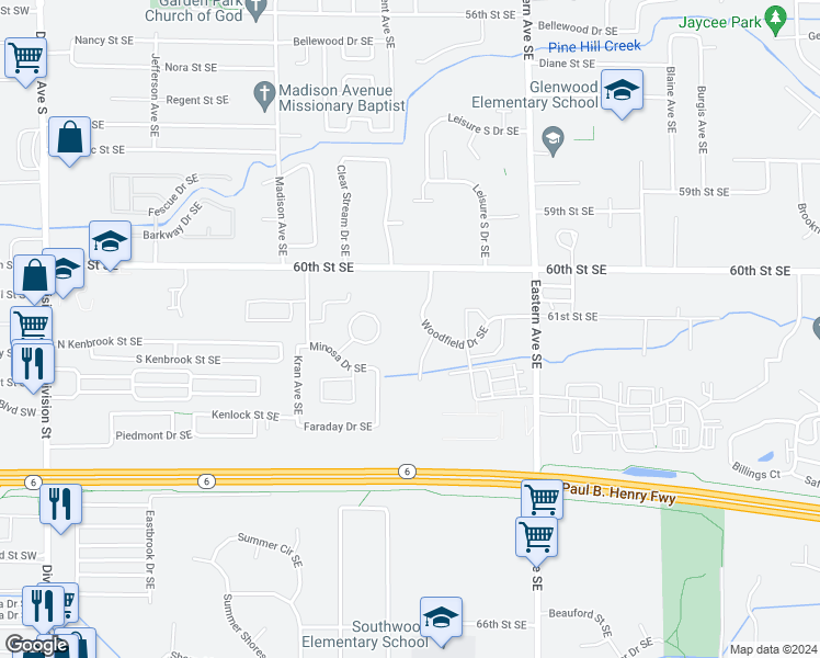 map of restaurants, bars, coffee shops, grocery stores, and more near 6095 Woodfield Drive Southeast in Grand Rapids