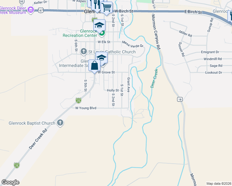 map of restaurants, bars, coffee shops, grocery stores, and more near 108 Holly Street in Glenrock