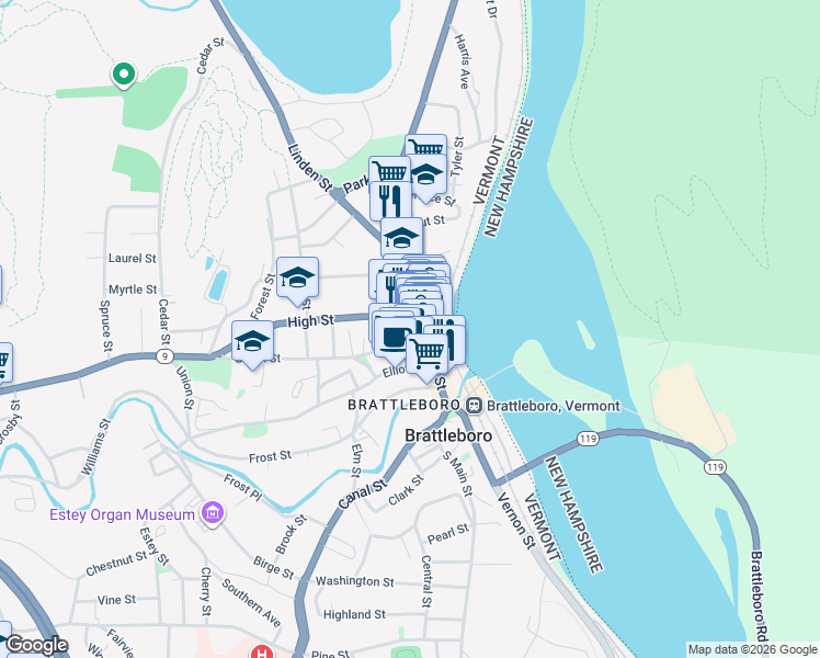 map of restaurants, bars, coffee shops, grocery stores, and more near 29 High Street in Brattleboro