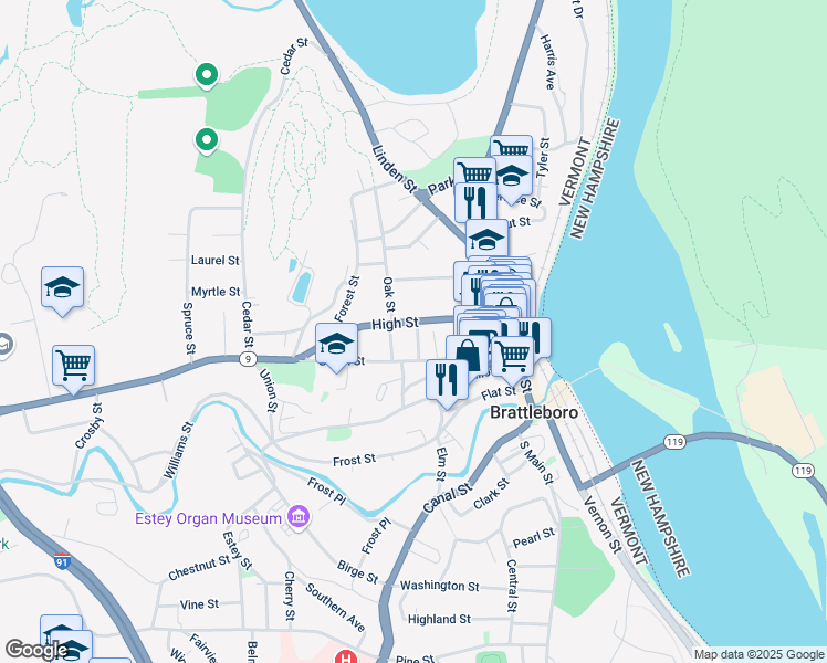 map of restaurants, bars, coffee shops, grocery stores, and more near 111 Vermont 9 in Brattleboro