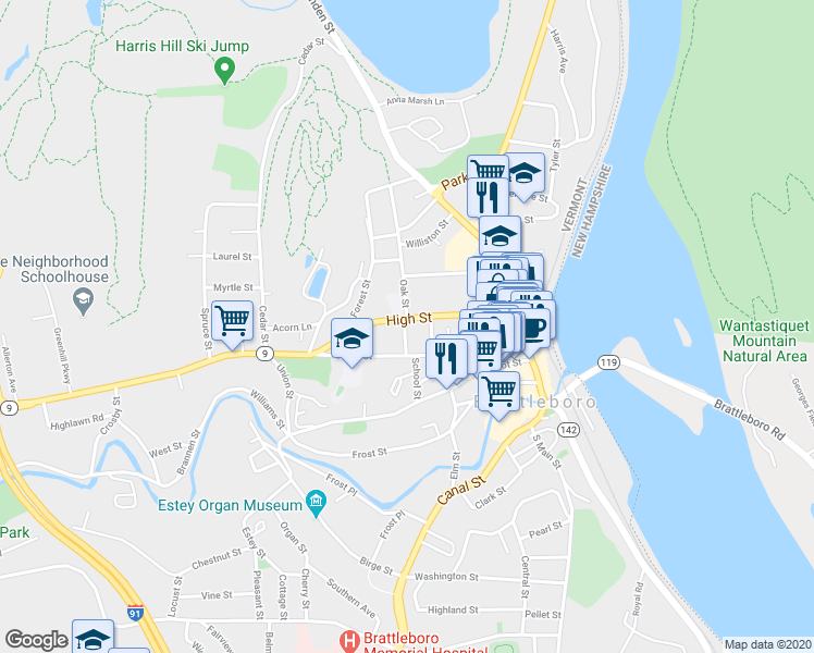 map of restaurants, bars, coffee shops, grocery stores, and more near 111 Vermont 9 in Brattleboro