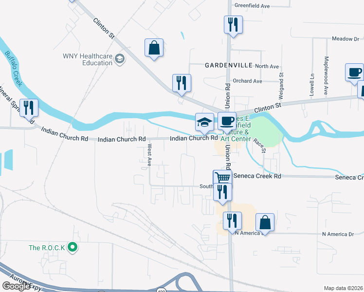 map of restaurants, bars, coffee shops, grocery stores, and more near 1253 Indian Church Road in Buffalo