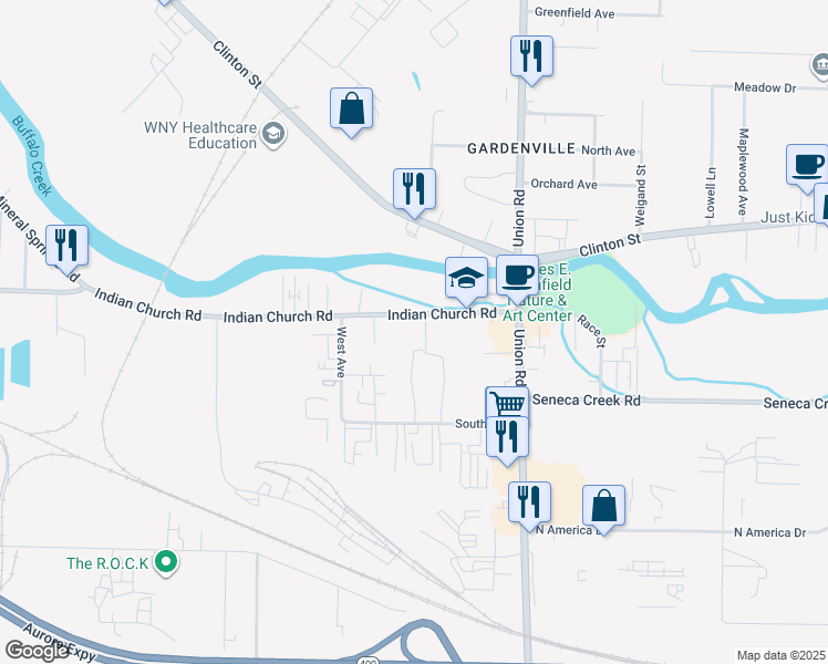 map of restaurants, bars, coffee shops, grocery stores, and more near 1253 Indian Church Road in Buffalo