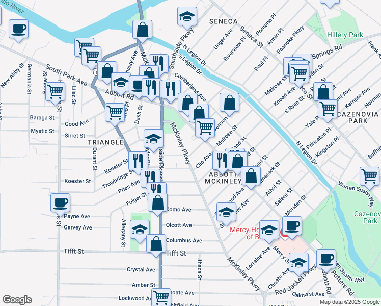 map of restaurants, bars, coffee shops, grocery stores, and more near 90 Lakewood Avenue in Buffalo