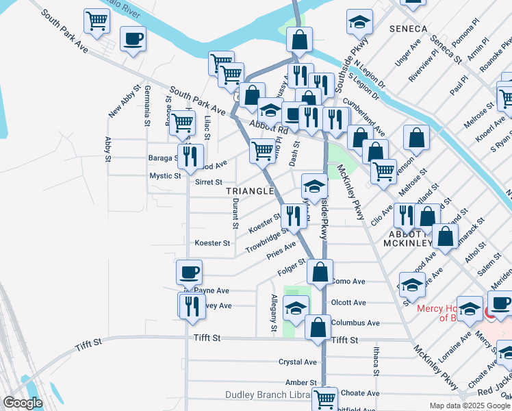 map of restaurants, bars, coffee shops, grocery stores, and more near 46 Macamley Street in Buffalo