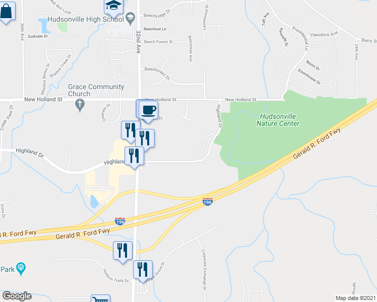 map of restaurants, bars, coffee shops, grocery stores, and more near 3067 Highland Drive in Hudsonville