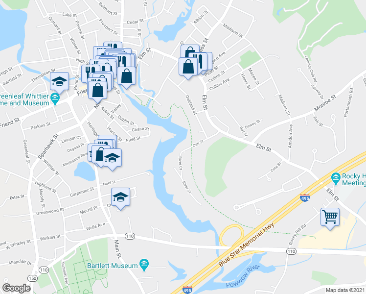 map of restaurants, bars, coffee shops, grocery stores, and more near 24 Oak Street in Amesbury