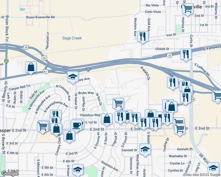 map of restaurants, bars, coffee shops, grocery stores, and more near 3400 Provence Court in Casper