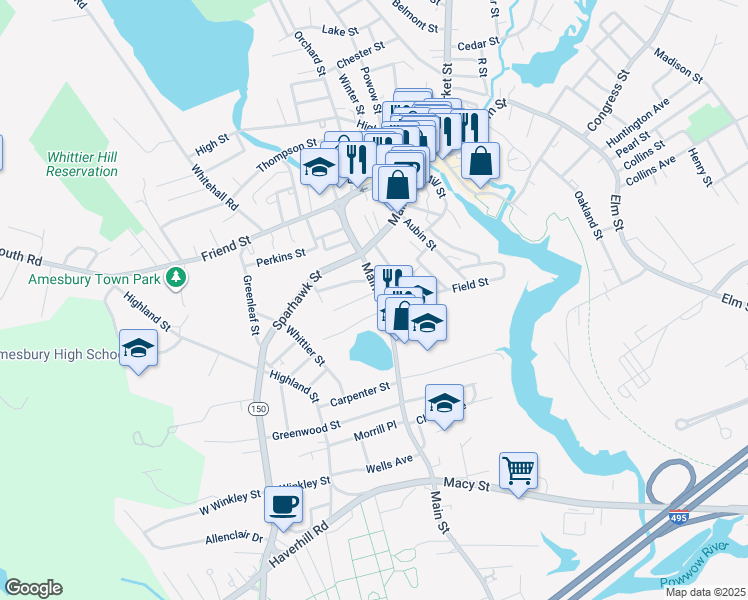 map of restaurants, bars, coffee shops, grocery stores, and more near 180 Main Street in Amesbury