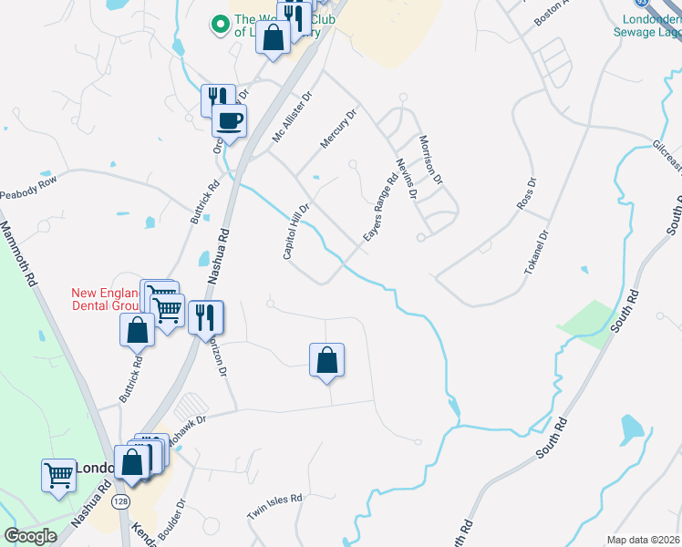 map of restaurants, bars, coffee shops, grocery stores, and more near 165 Capitol Hill Drive in Londonderry