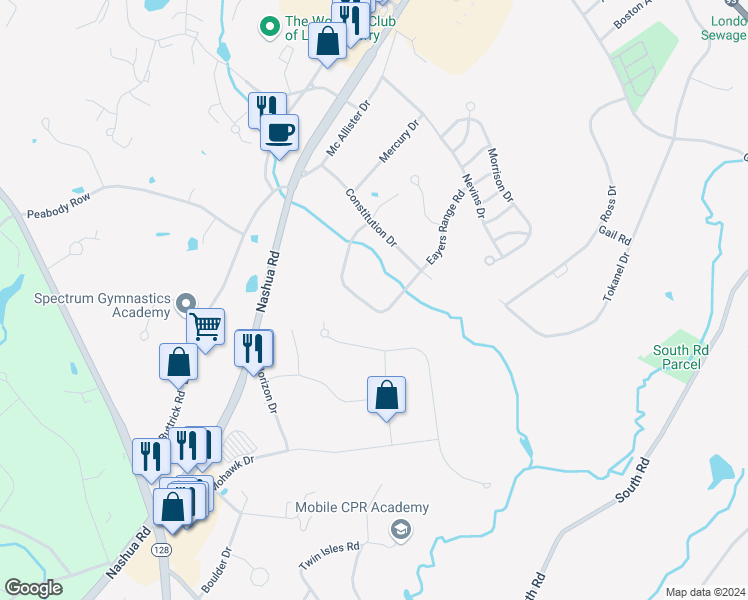 map of restaurants, bars, coffee shops, grocery stores, and more near 172M Capitol Hill Drive in Londonderry