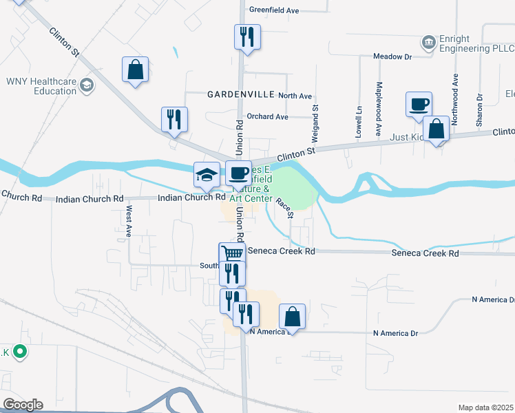 map of restaurants, bars, coffee shops, grocery stores, and more near 47 Race Street in West Seneca