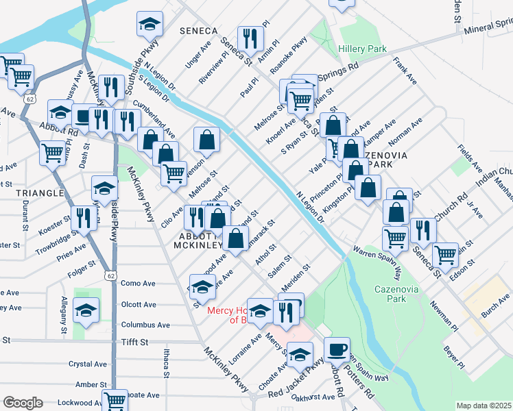 map of restaurants, bars, coffee shops, grocery stores, and more near 92 Portland Street in Buffalo