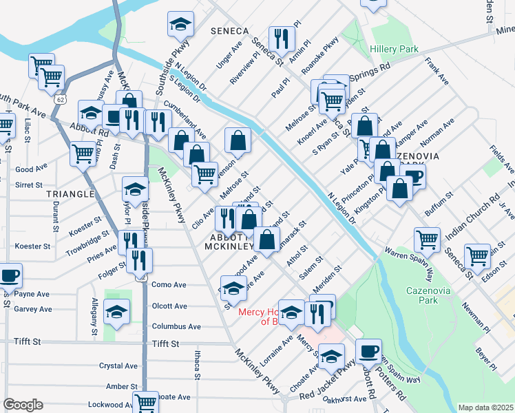map of restaurants, bars, coffee shops, grocery stores, and more near 256 Cumberland Avenue in Buffalo