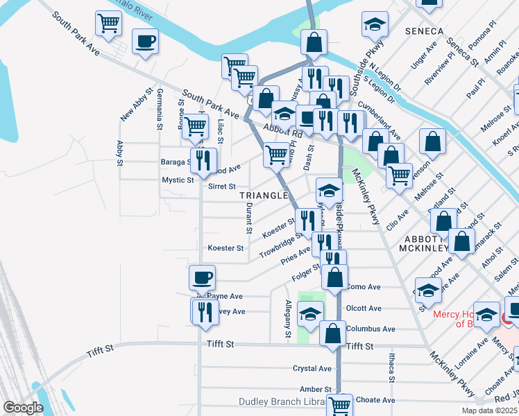 map of restaurants, bars, coffee shops, grocery stores, and more near in Buffalo
