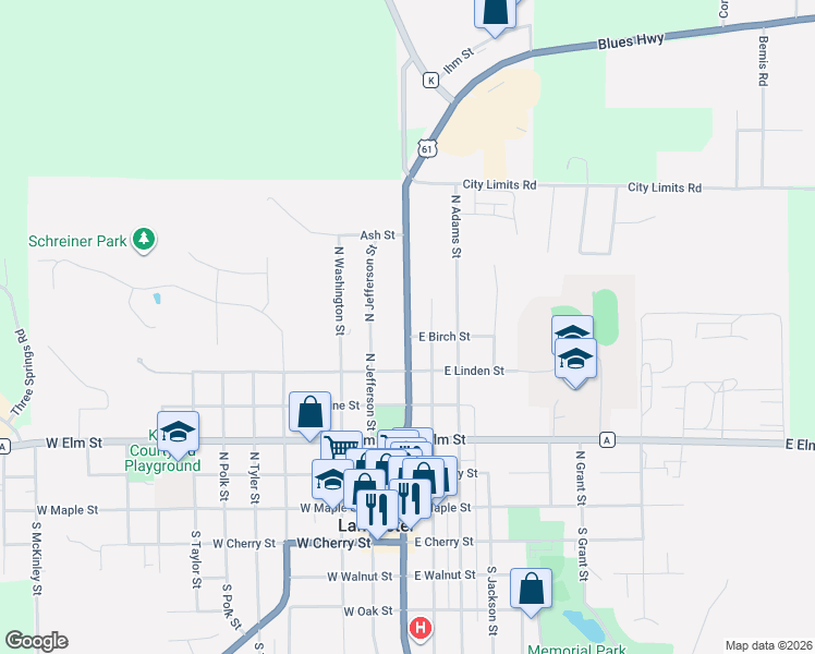 map of restaurants, bars, coffee shops, grocery stores, and more near 632 North Madison Street in Lancaster