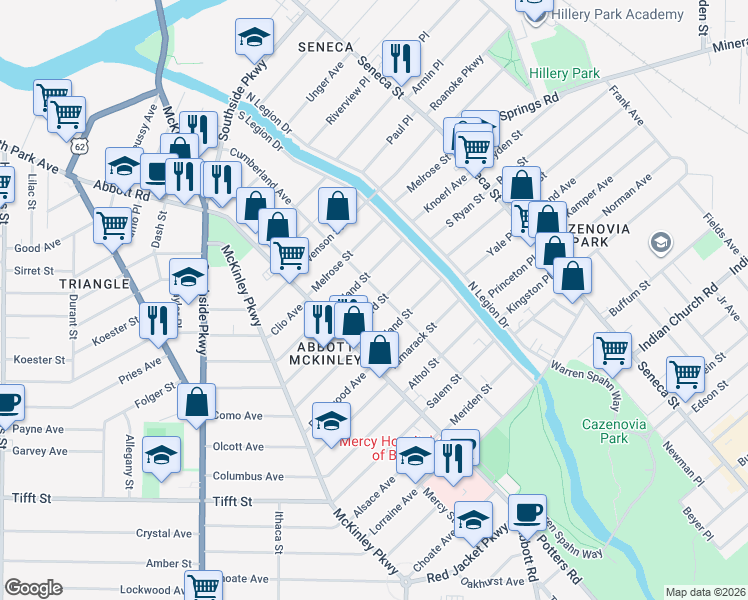 map of restaurants, bars, coffee shops, grocery stores, and more near 38 Milford Street in Buffalo