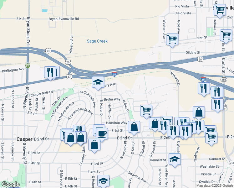 map of restaurants, bars, coffee shops, grocery stores, and more near 530 North Sun Drive in Casper