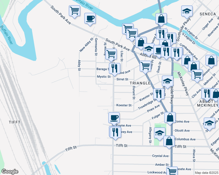 map of restaurants, bars, coffee shops, grocery stores, and more near 67 Beacon Street in Buffalo